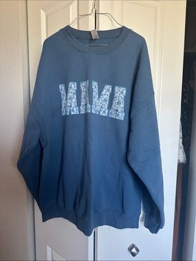 Blue Crewneck Sweater with Floral Lettering